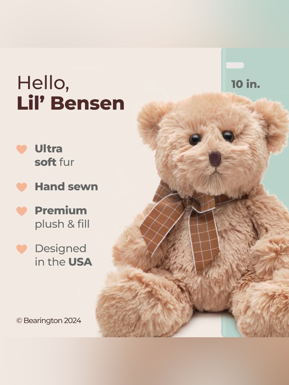 Bearington Collection Baby Bensen Teddy Bear Plush 10" Soft Stuffed Animal - Picture 10 of 13